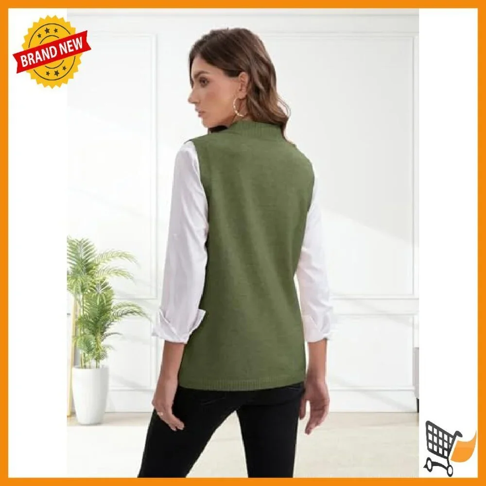 Mock Neck Sweater Vest Sleeveless Split Hem Pullover Knit Top